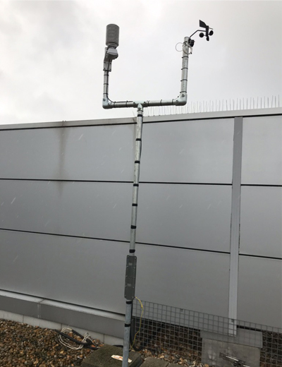 Mast with external sensors at Costain House, Maidenhead